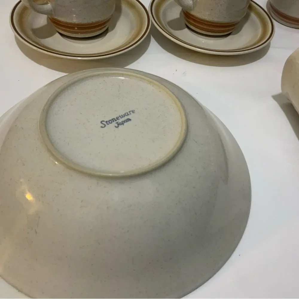 Vintage Japan Stoneware Set salad bowl creamer sugar bowl cups suacers G10